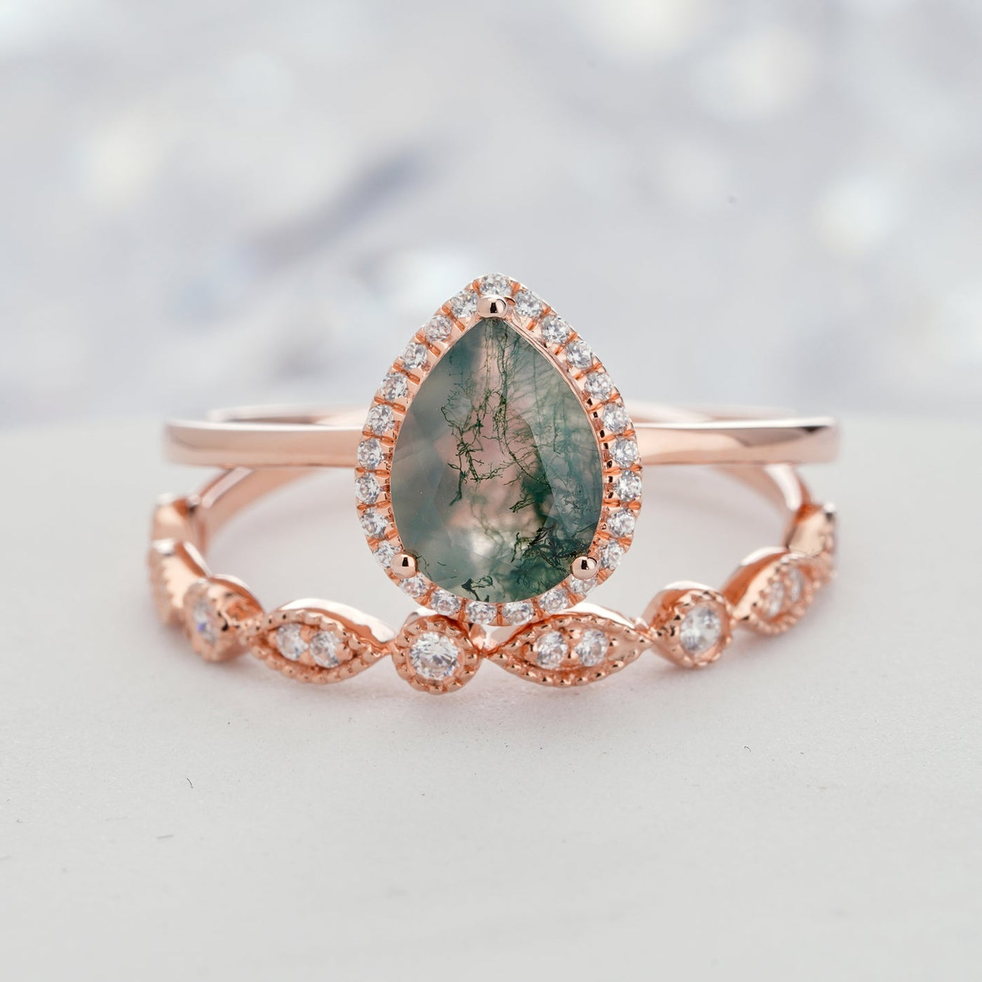 Olivenorma Pear Cut Moss Agate Engagement S925 Sterling Silver Ring