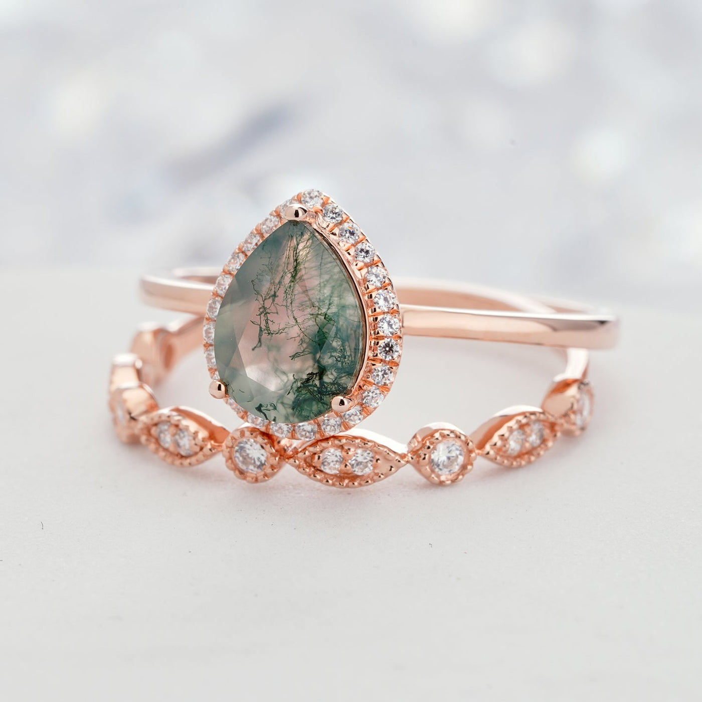 Olivenorma Pear Cut Moss Agate Engagement S925 Sterling Silver Ring