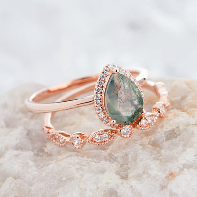 Olivenorma Pear Cut Moss Agate Engagement S925 Sterling Silver Ring