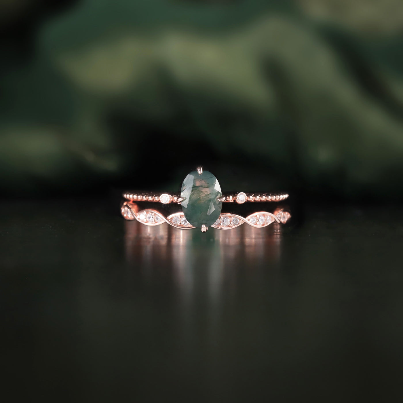 Olivenorma Moss Agate Rose Gold Ring Set