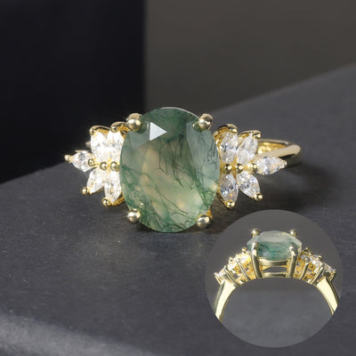 Olivenorma Oval Shaped Moss Agate White Zircon 18K Ring