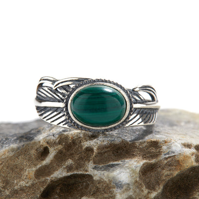 Olivenorma Natural Stone Engraved Feather Open Adjustable Ring