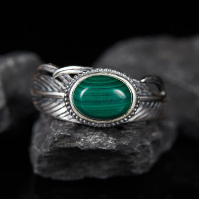 Olivenorma Natural Stone Engraved Feather Open Adjustable Ring