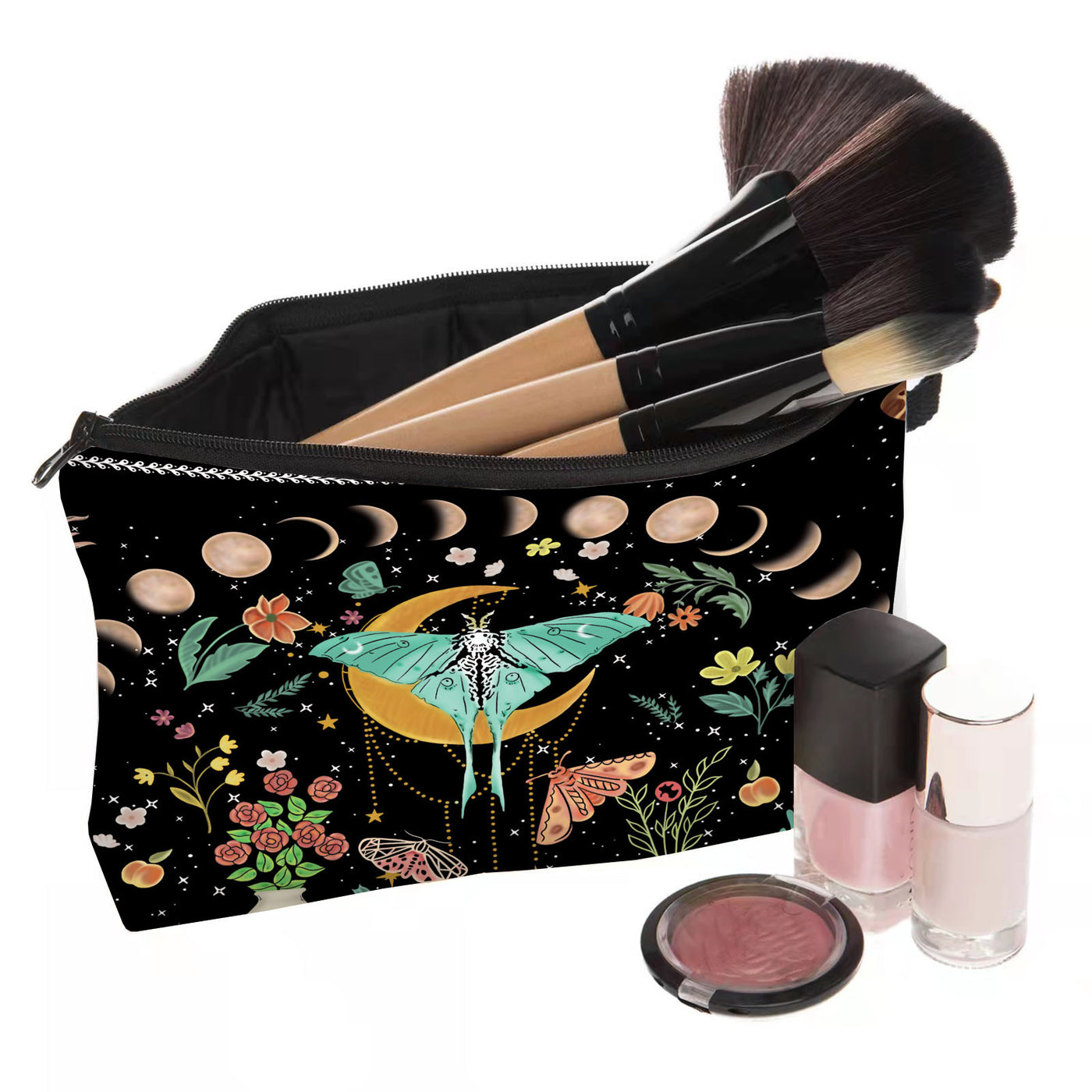 Olivenorma Green Moth Moon Phases Zipper Makeup Cosmetic Bag