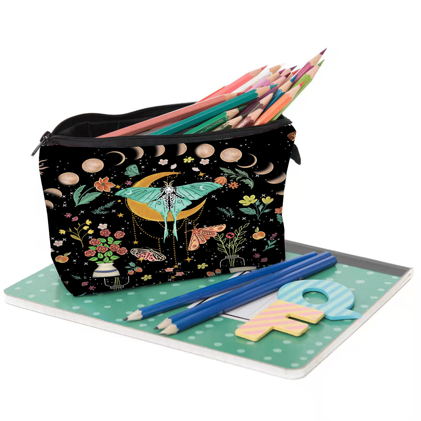 Olivenorma Green Moth Moon Phases Zipper Makeup Cosmetic Bag