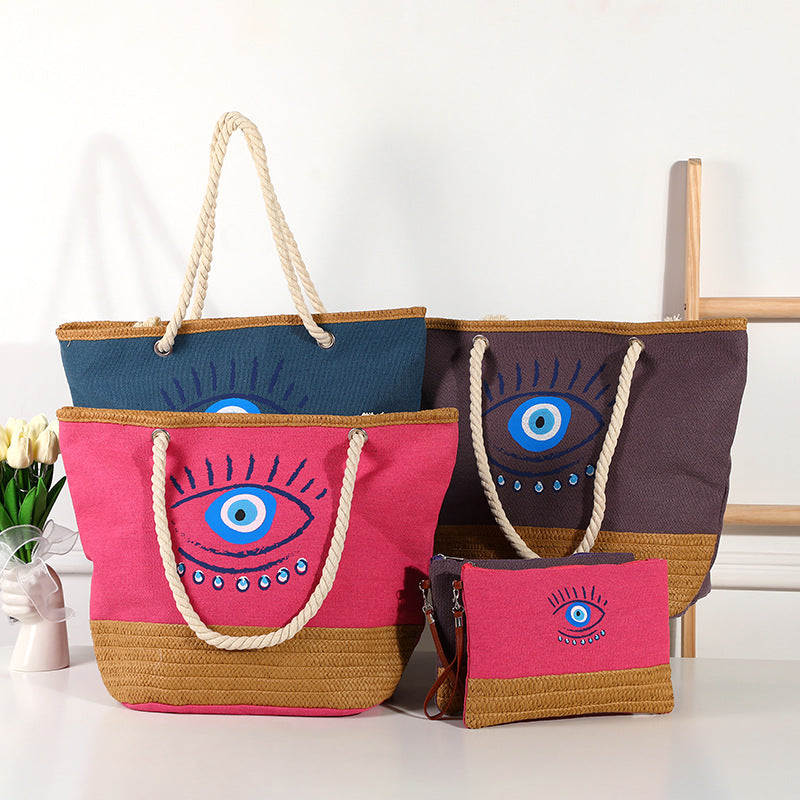 Olivenorma Evil Eye Canvas Straw Patchwork Beach Tote Bag