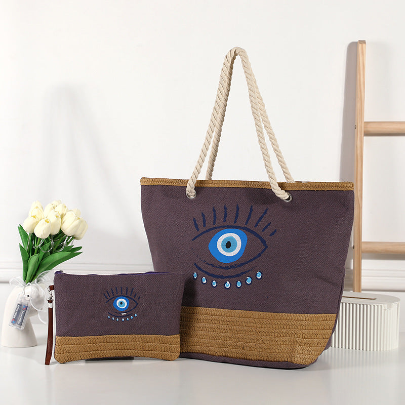 Olivenorma Evil Eye Canvas Straw Patchwork Beach Tote Bag