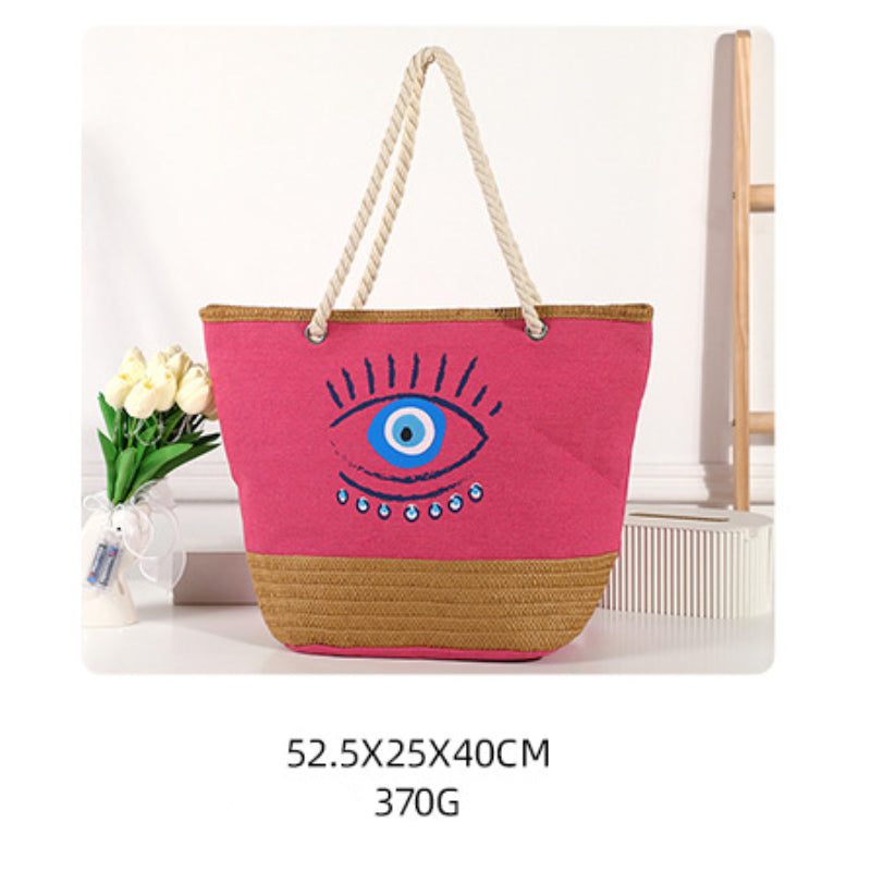 Olivenorma Evil Eye Canvas Straw Patchwork Beach Tote Bag