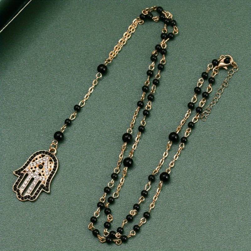 Olivenorma Obsidian White Zircon Hamsa Hand Pendant Necklace