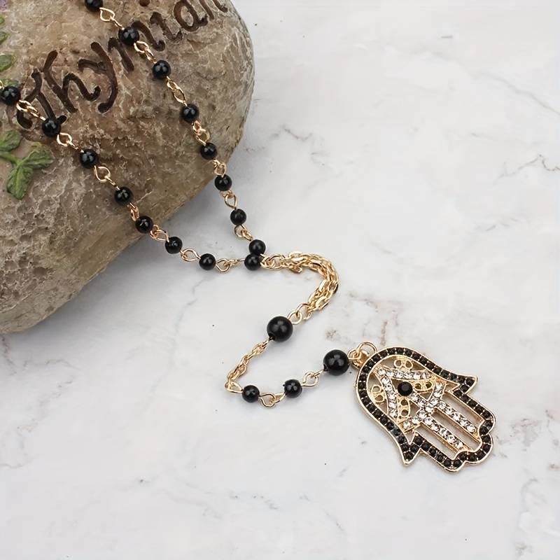 Olivenorma Obsidian White Zircon Hamsa Hand Pendant Necklace