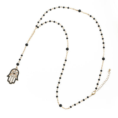 Olivenorma Obsidian White Zircon Hamsa Hand Pendant Necklace