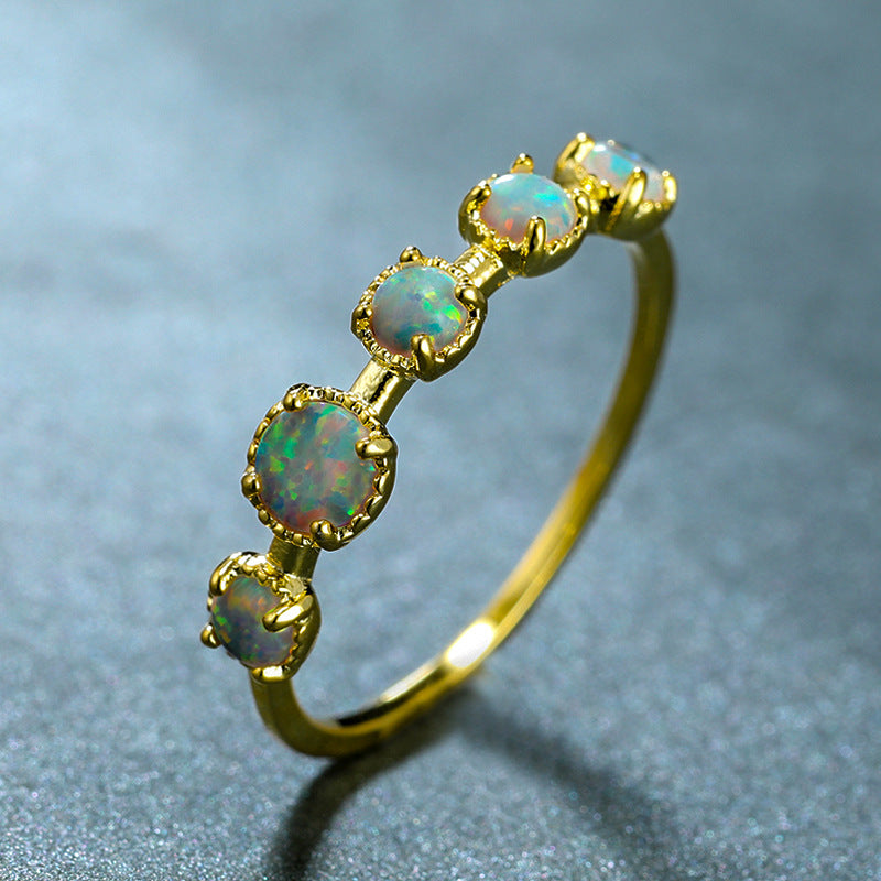 Olivenorma Five Blue White Opal Simple Designs Ring