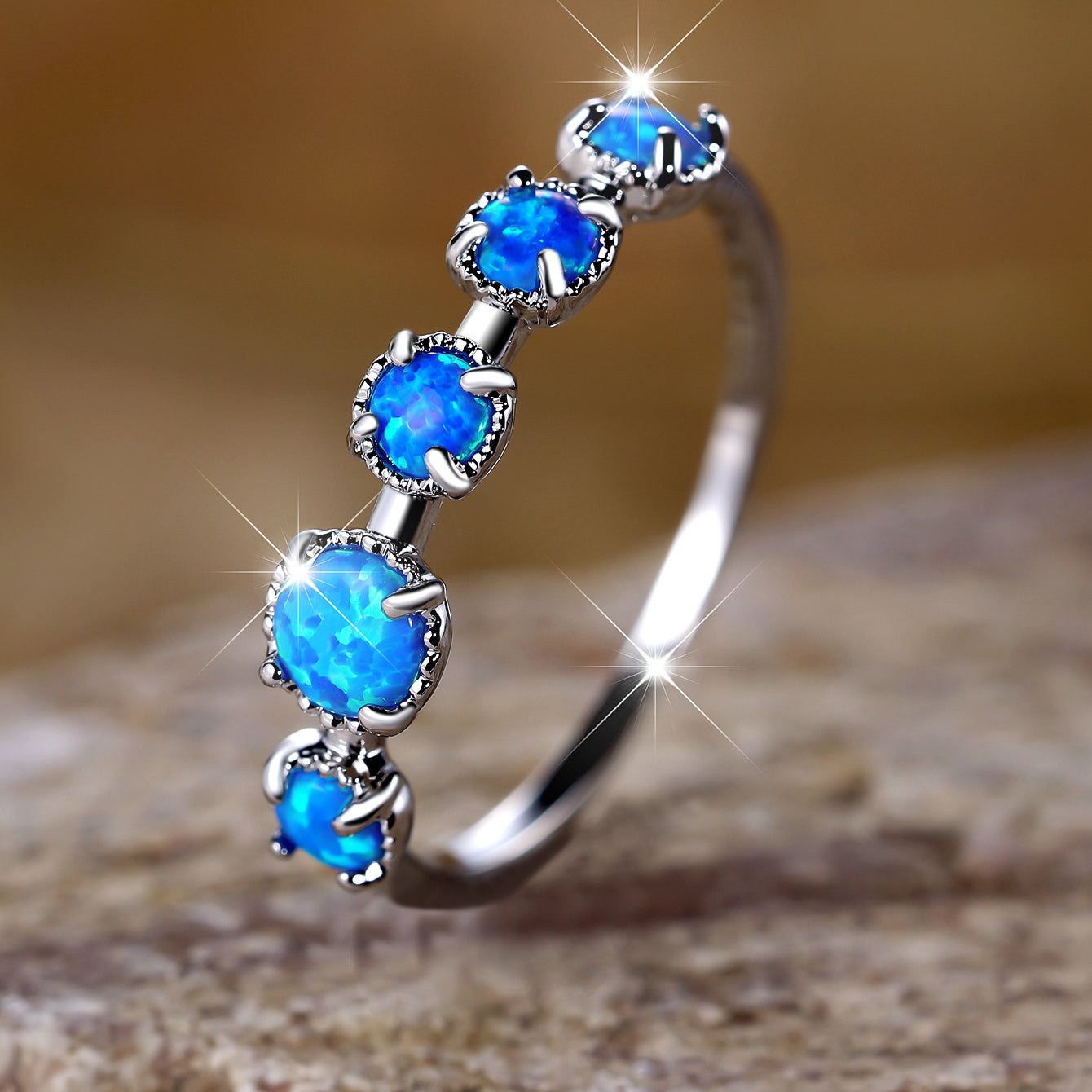 Olivenorma Five Blue White Opal Simple Designs Ring