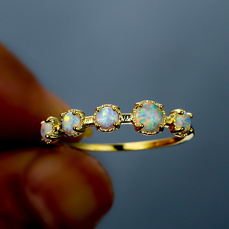 Olivenorma Five Blue White Opal Simple Designs Ring