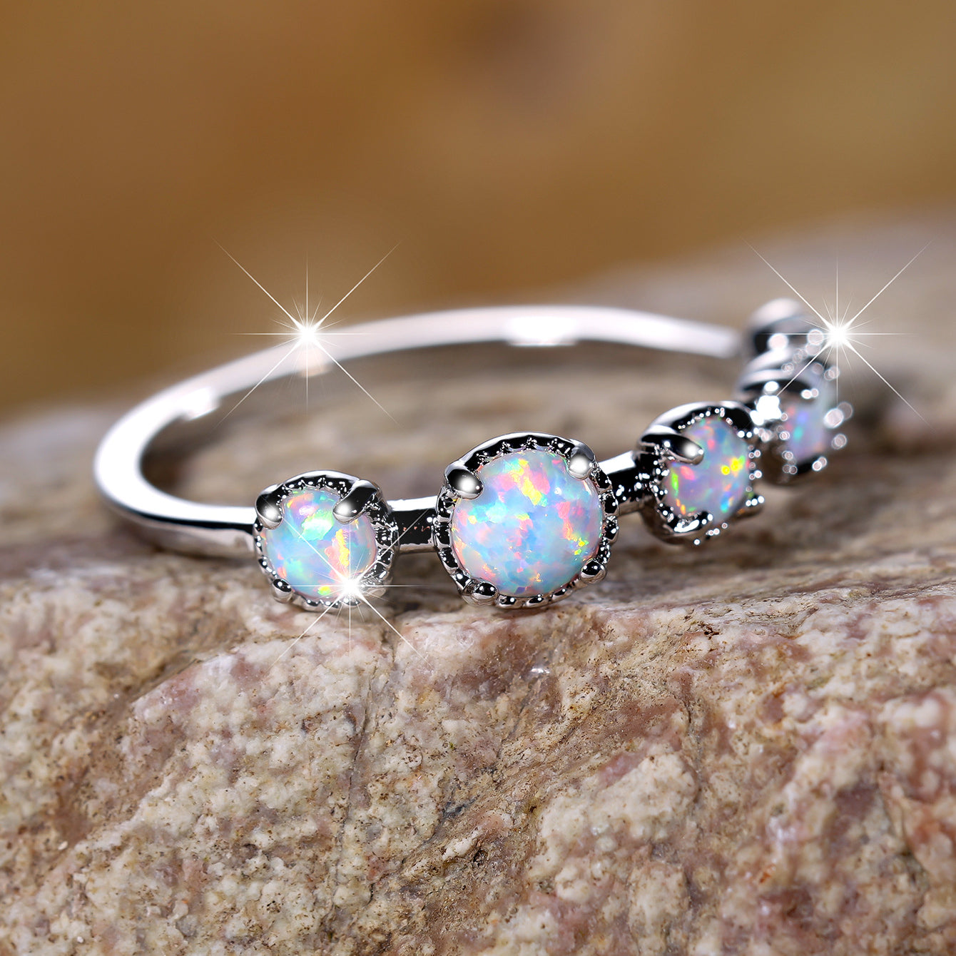 Olivenorma Five Blue White Opal Simple Designs Ring