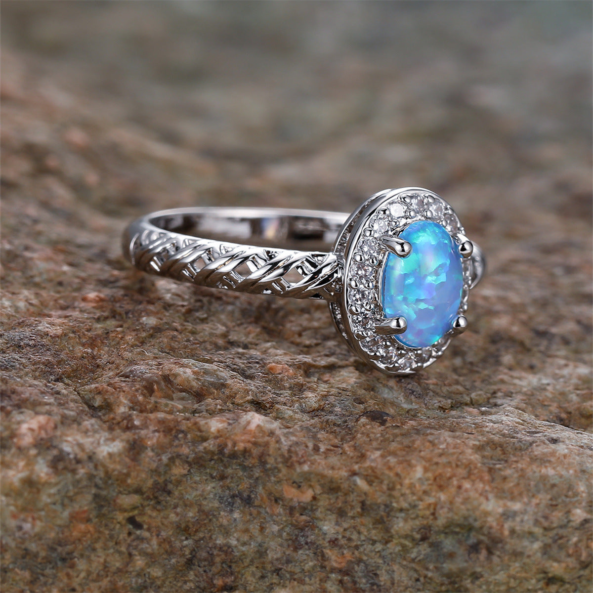 Olivenorma Oval Opal Trim Braided Rope Pattern Ring