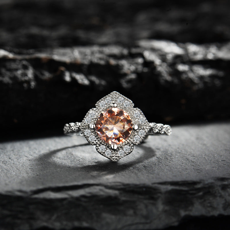 Olivenorma Apricot Pink Zircon Engraved Lace Adjustable Ring