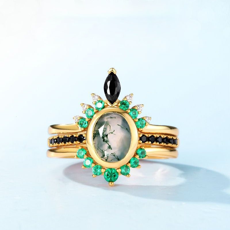 Olivenorma Moss Agate Zircon Three Layer Ring