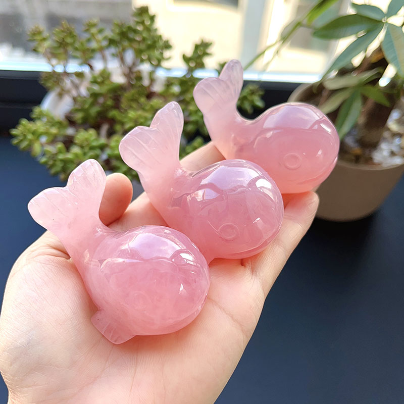 Olivenorma Natural Rose Quartz Baby Whale Carving Gemstone Decoration