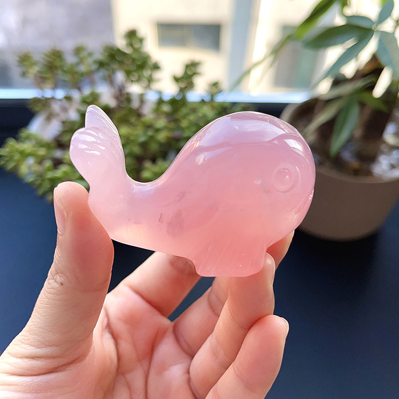 Olivenorma Natural Rose Quartz Baby Whale Carving Gemstone Decoration