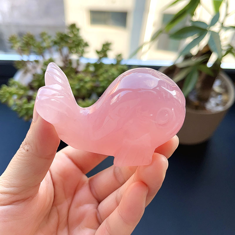 Olivenorma Natural Rose Quartz Baby Whale Carving Gemstone Decoration