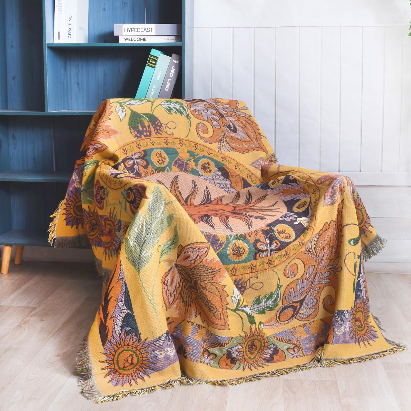 Olivenorma Golden Sun Mood Face Yellow Bohemian Tapestry Blanket