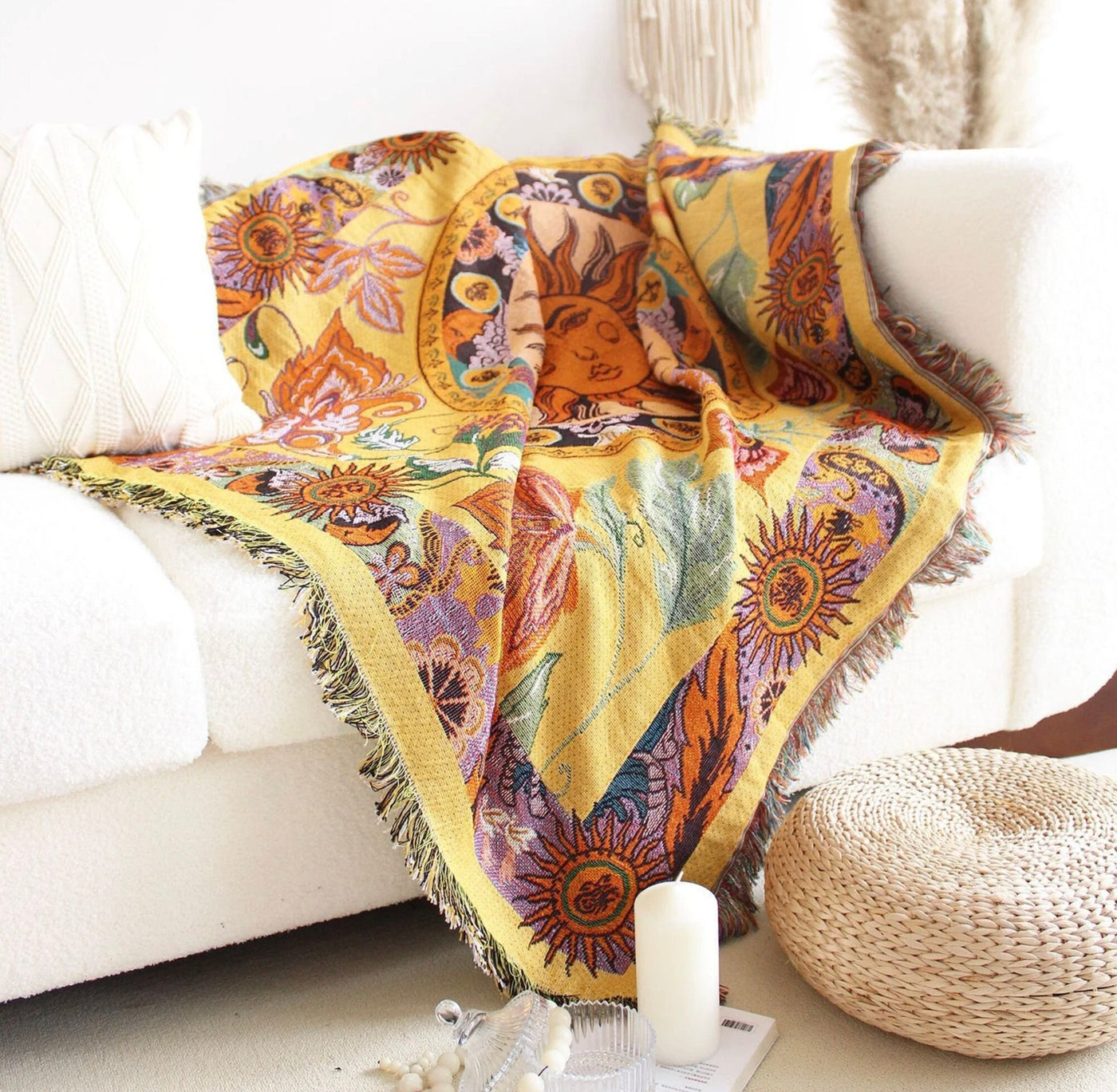 Olivenorma Golden Sun Mood Face Yellow Bohemian Tapestry Blanket