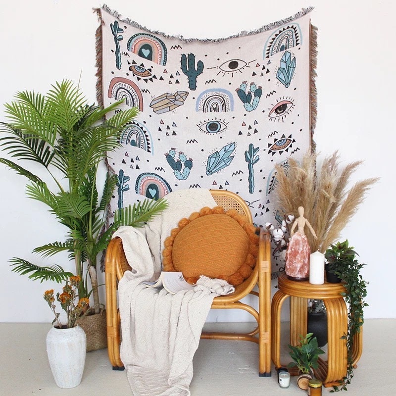 Olivenorma Crystal Rainbow Cactus Bohemian Woven Tassel Blanket