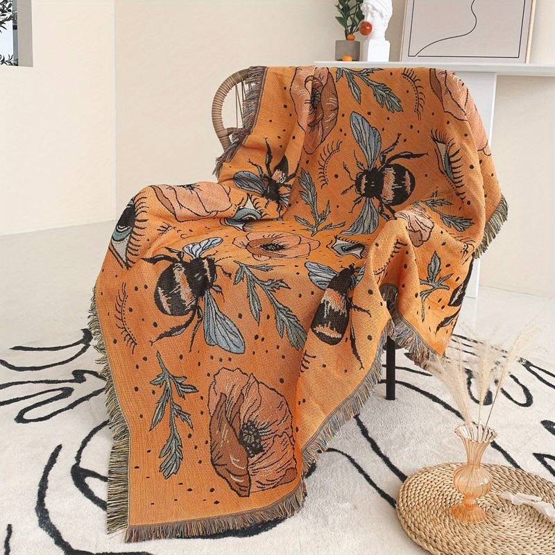 Olivenorma Orange Eye Moth Flowers Tassels Woven Blanket