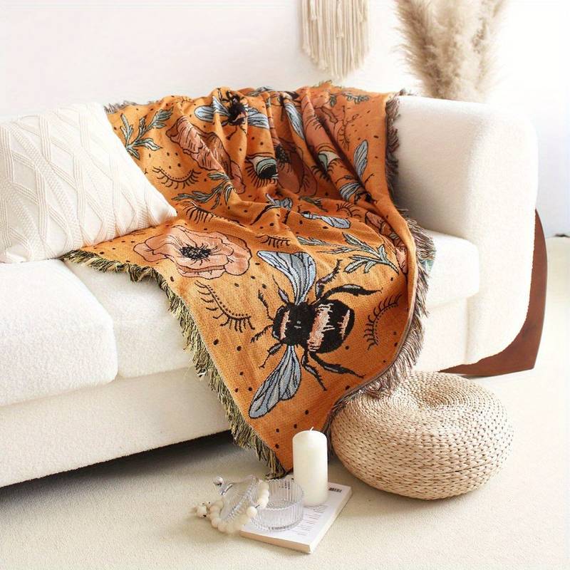 Olivenorma Orange Eye Moth Flowers Tassels Woven Blanket