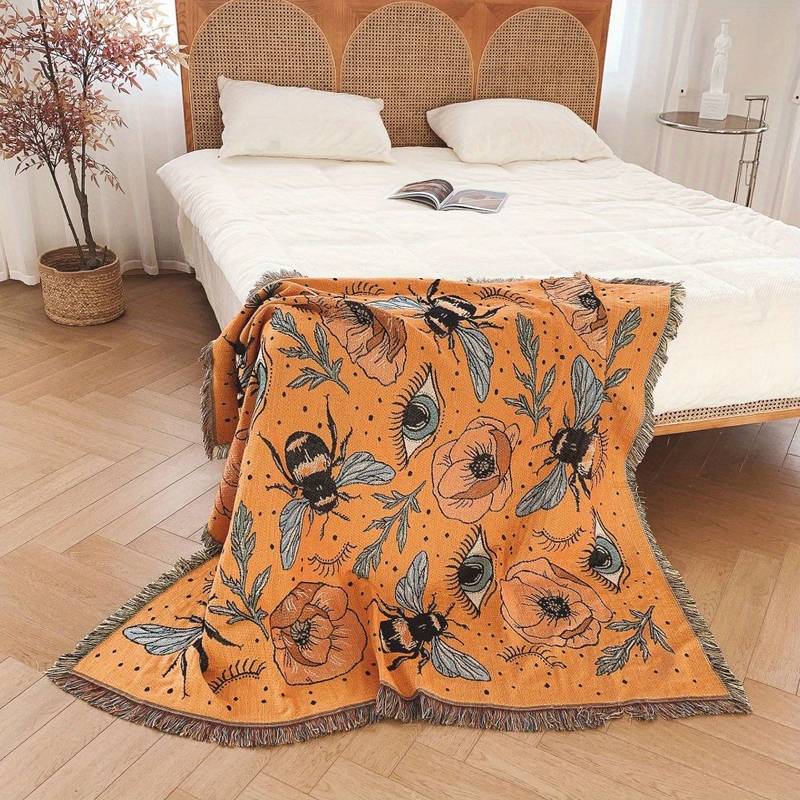 Olivenorma Orange Eye Moth Flowers Tassels Woven Blanket