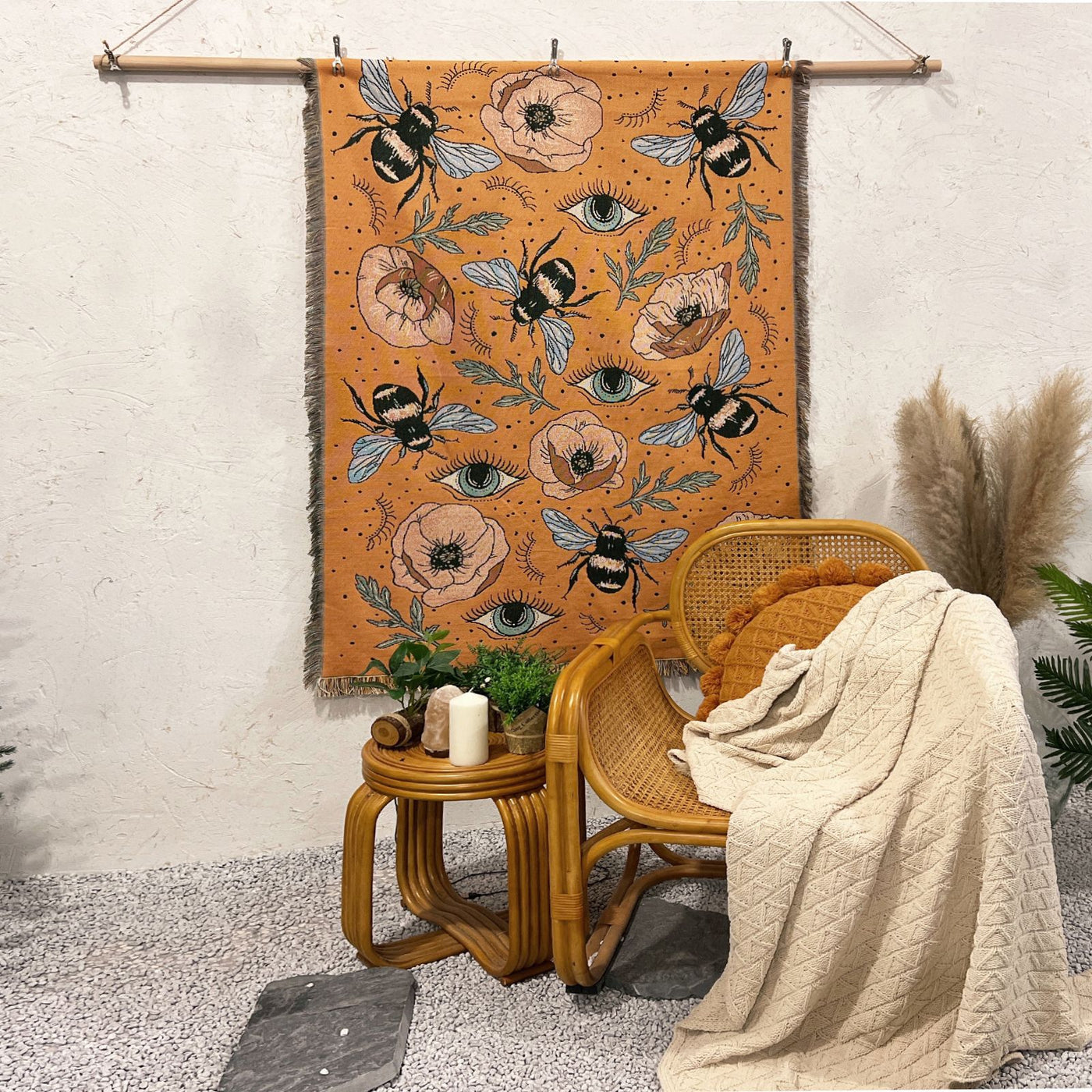 Olivenorma Orange Eye Moth Flowers Tassels Woven Blanket