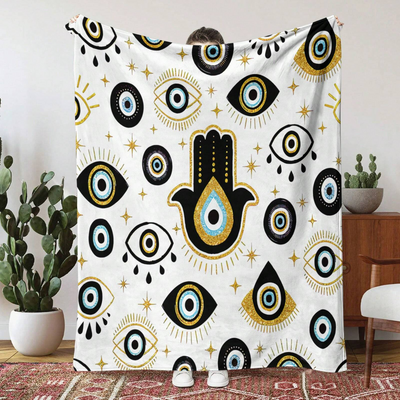 Olivenorma Evil Eye Hamsa White Black Tassels Woven Blanket