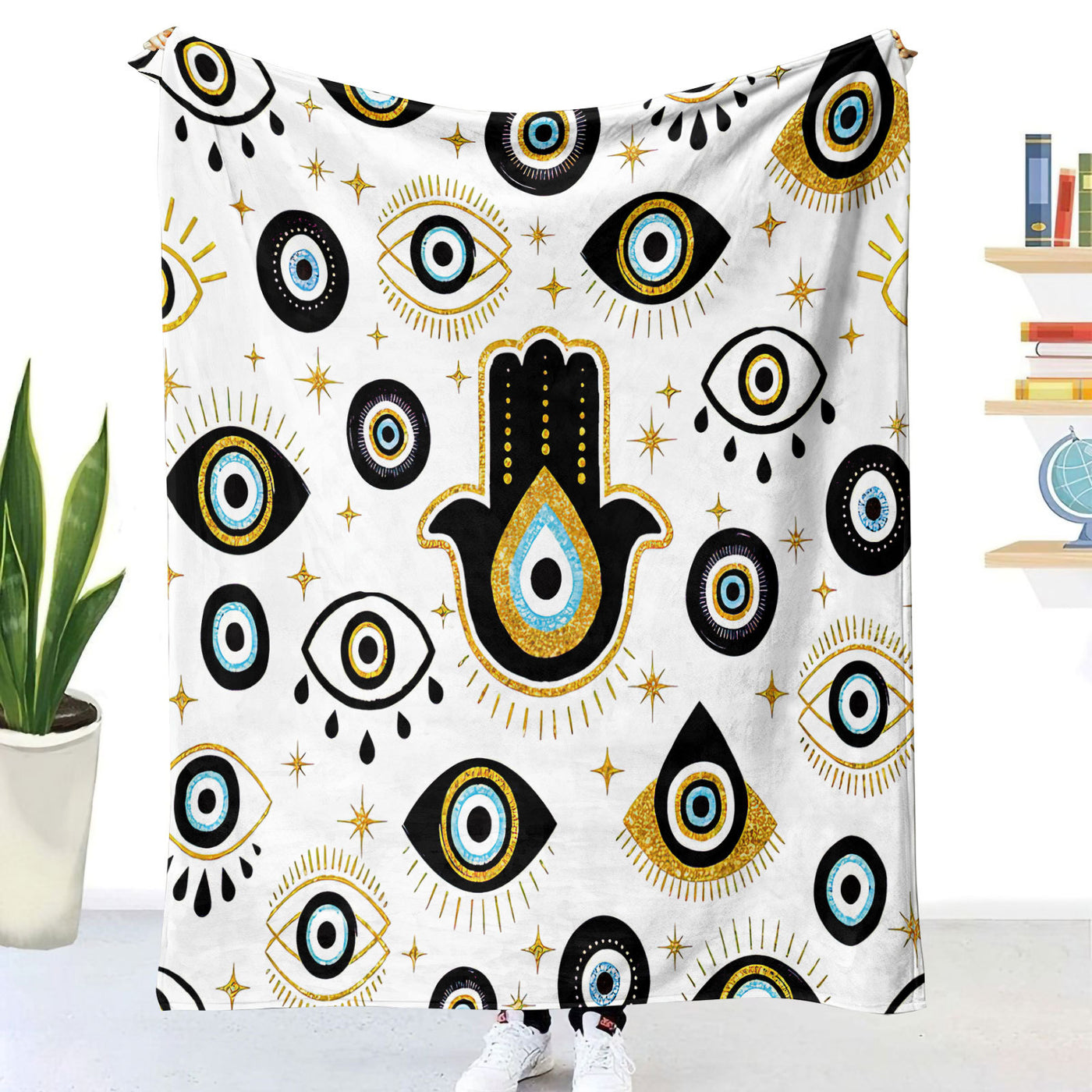 Olivenorma Evil Eye Hamsa White Black Tassels Woven Blanket