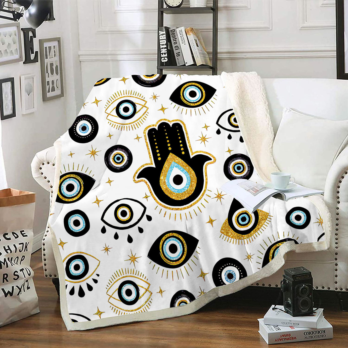 Olivenorma Evil Eye Hamsa White Black Tassels Woven Blanket