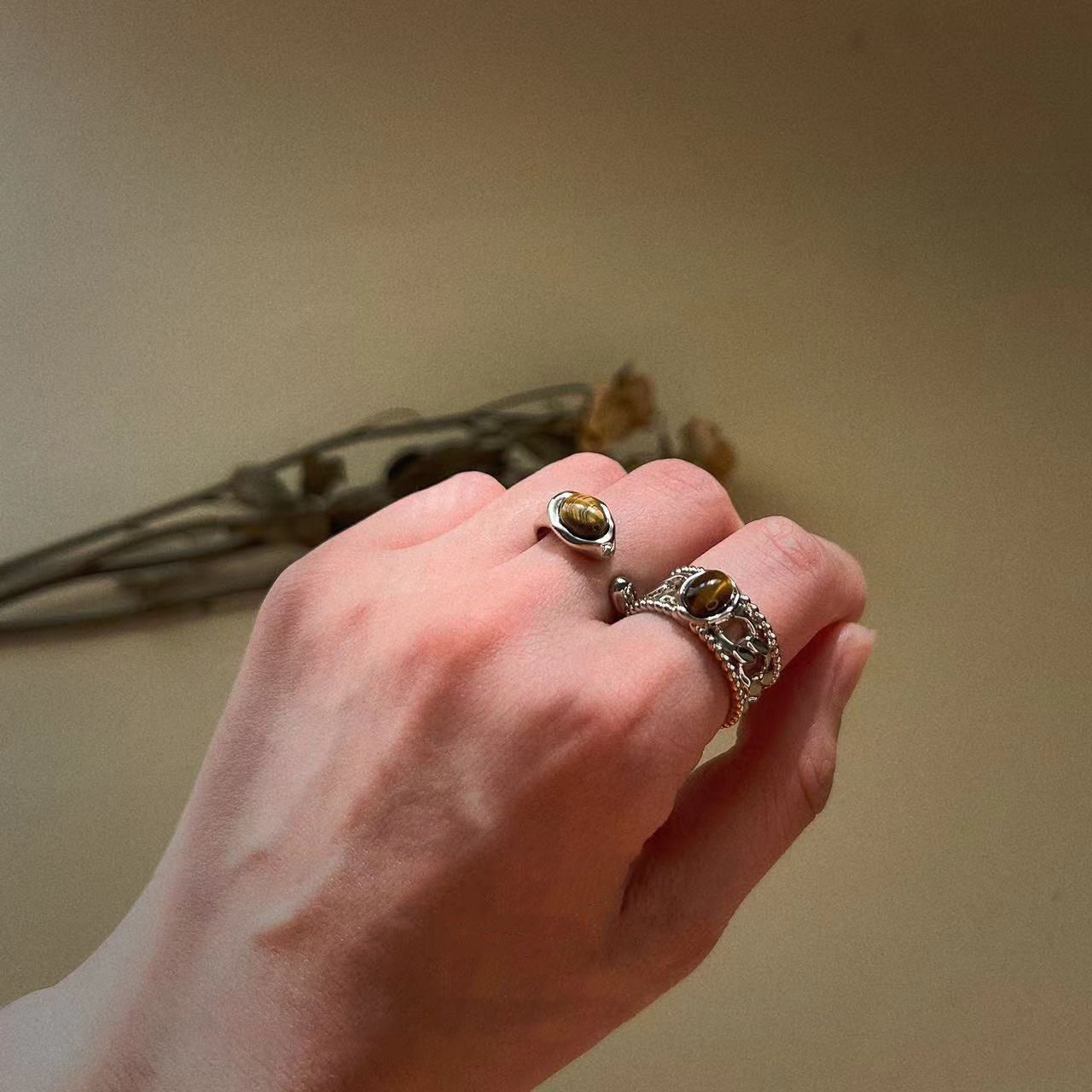 Olivenorma Tiger Eye Adjustable Silver Plated Copper Ring