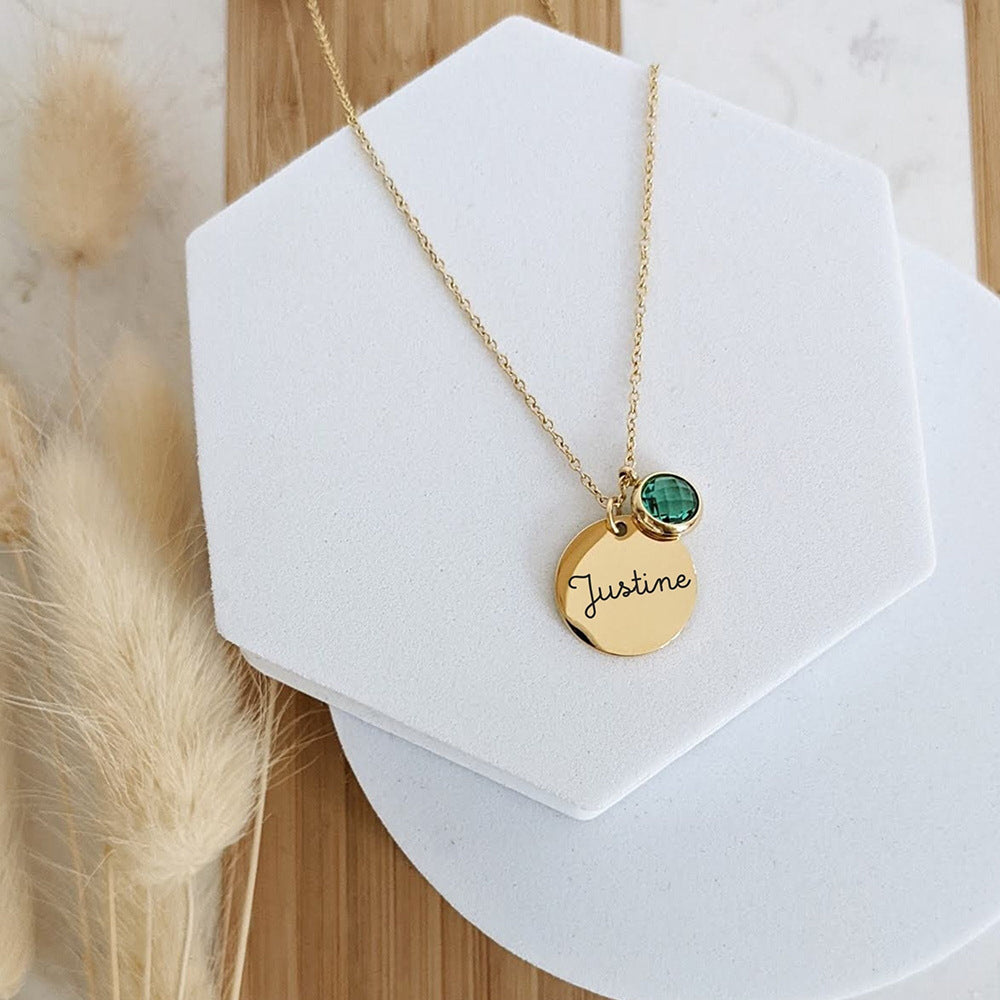 Olivenorma Round Engraved Birthstone Necklace