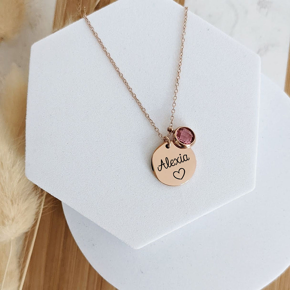 Olivenorma Round Engraved Birthstone Necklace