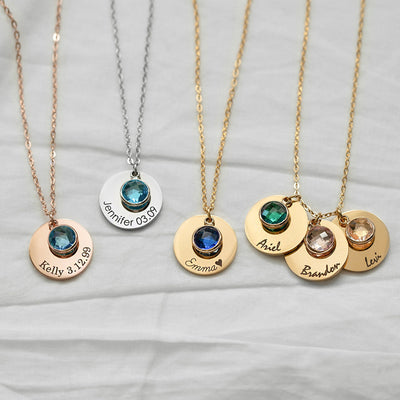 Olivenorma Round Engraved Birthstone Necklace