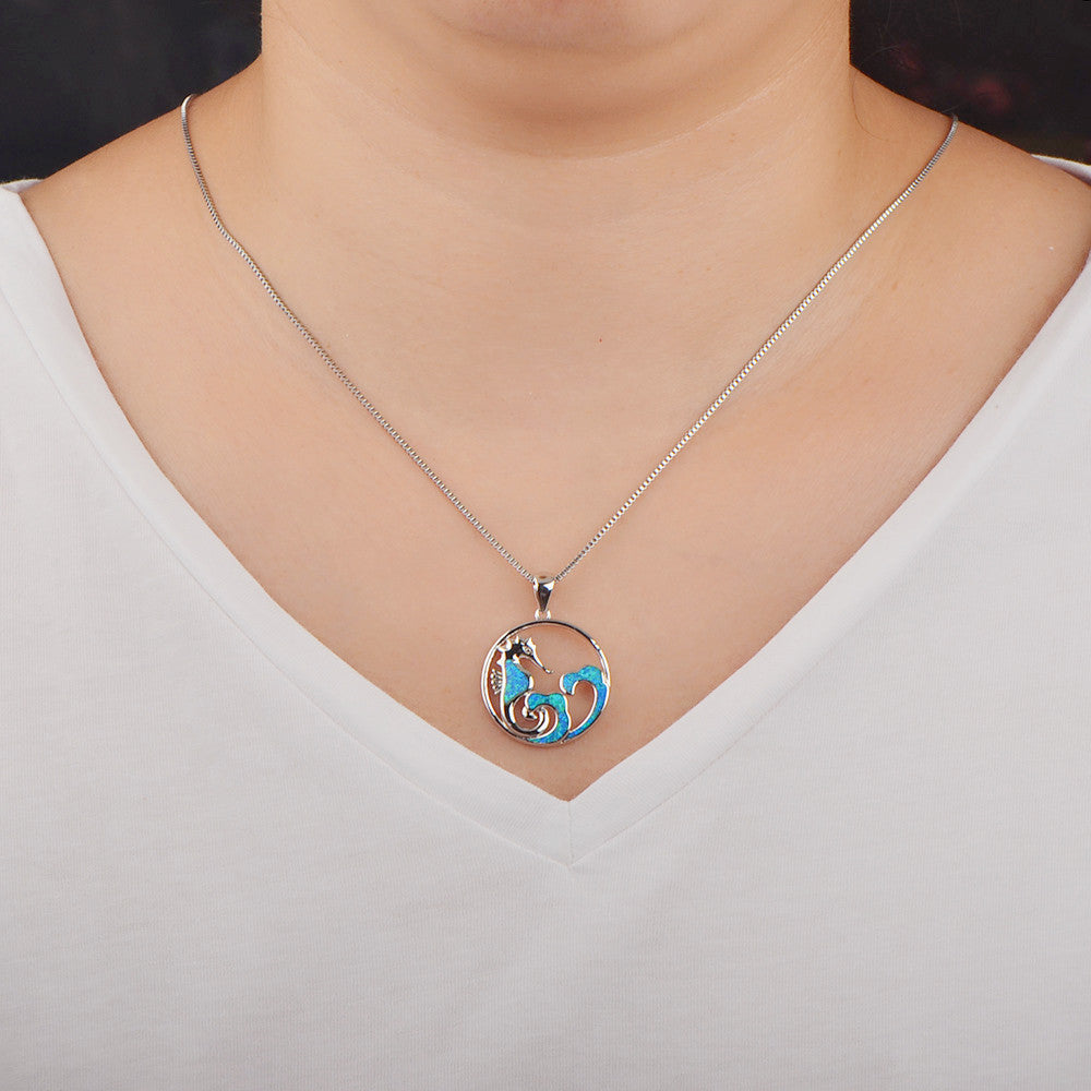 Olivenorma Blue Opal Seahorse Wave Necklace