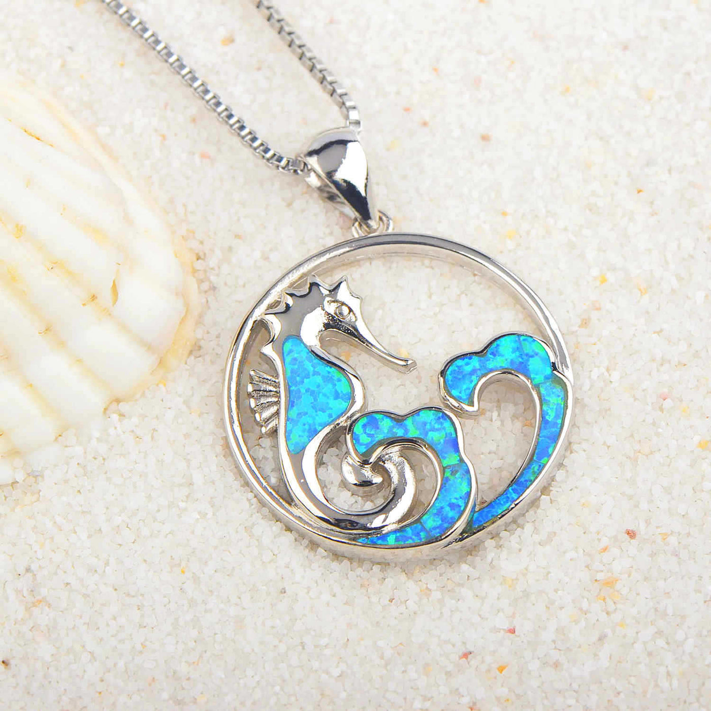 Olivenorma Blue Opal Seahorse Wave Necklace