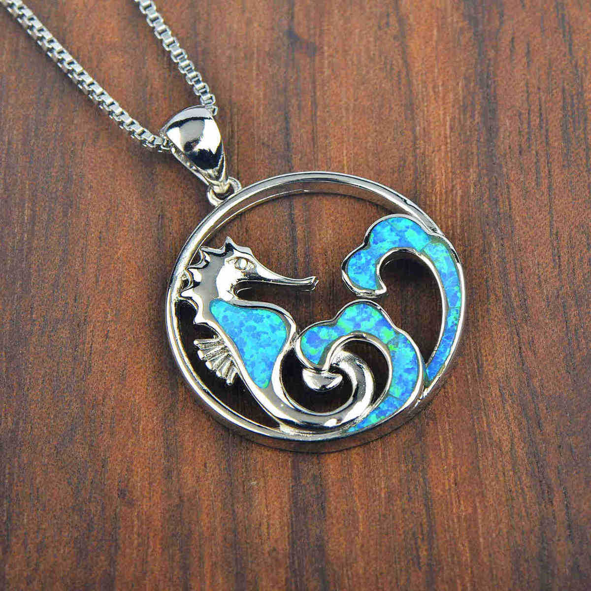 Olivenorma Blue Opal Seahorse Wave Necklace