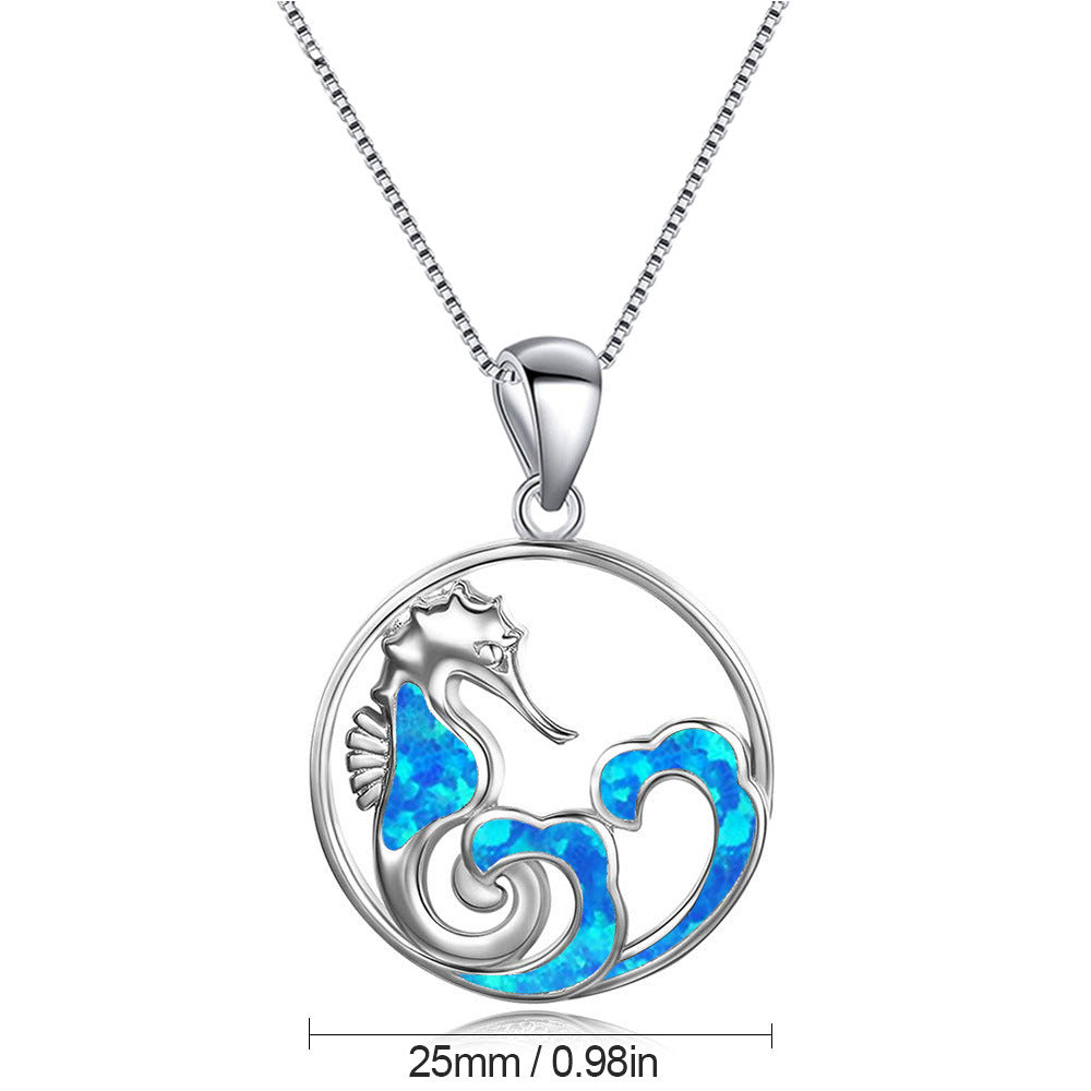 Olivenorma Blue Opal Seahorse Wave Necklace