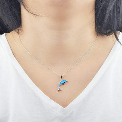 Olivenorma Blue Opal Ocean Dolphin Pendant Necklace