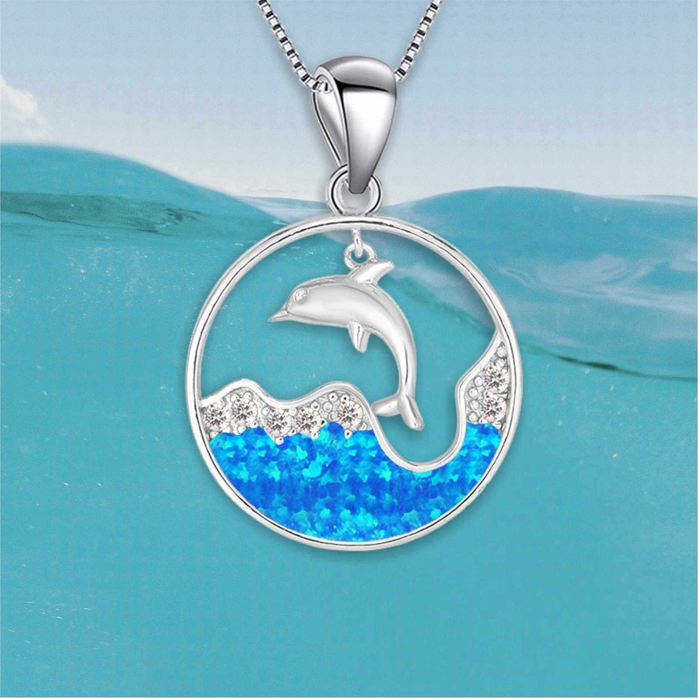 Olivenorma Blue Opal White Zircon Ocean Dolphin Pendant Necklace