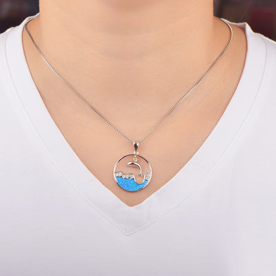 Olivenorma Blue Opal White Zircon Ocean Dolphin Pendant Necklace