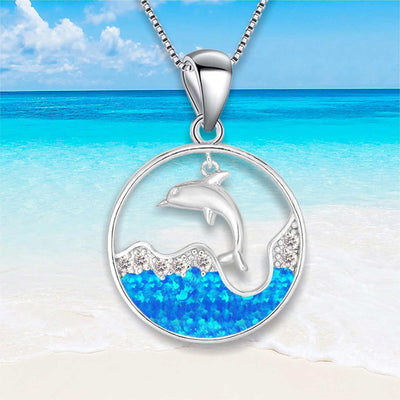 Olivenorma Blue Opal White Zircon Ocean Dolphin Pendant Necklace