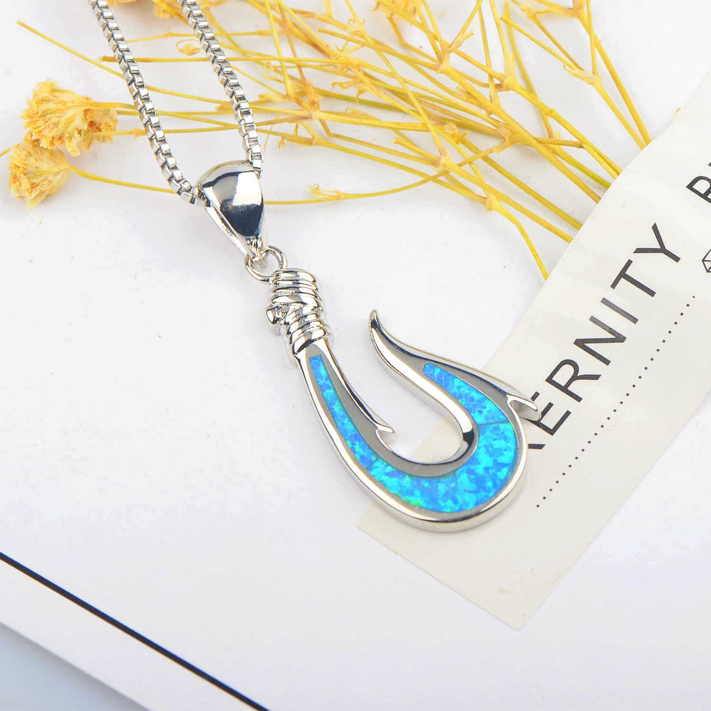 Olivenorma Blue Opal Fishhook Pendant Necklace