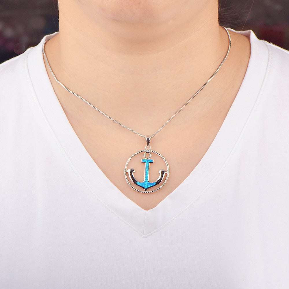 Olivenorma Blue Opal Anchor Pendant Necklace