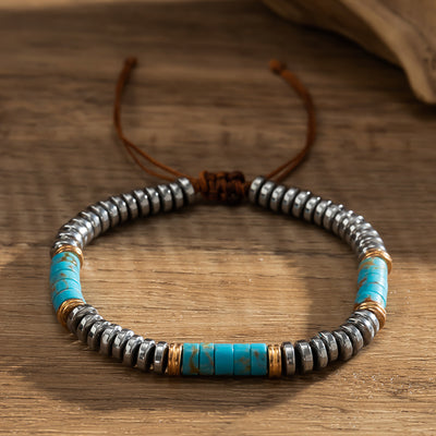 Olivenorma Men Hematite Turquoise Beaded Braided Drawstring Bracelet